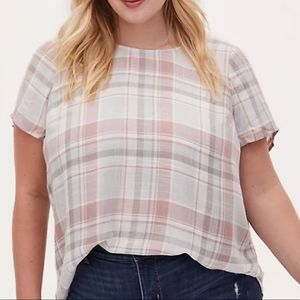 TORRID ABBEY LIGHT PINK & LIGHT GREY PLAID BLOUSE